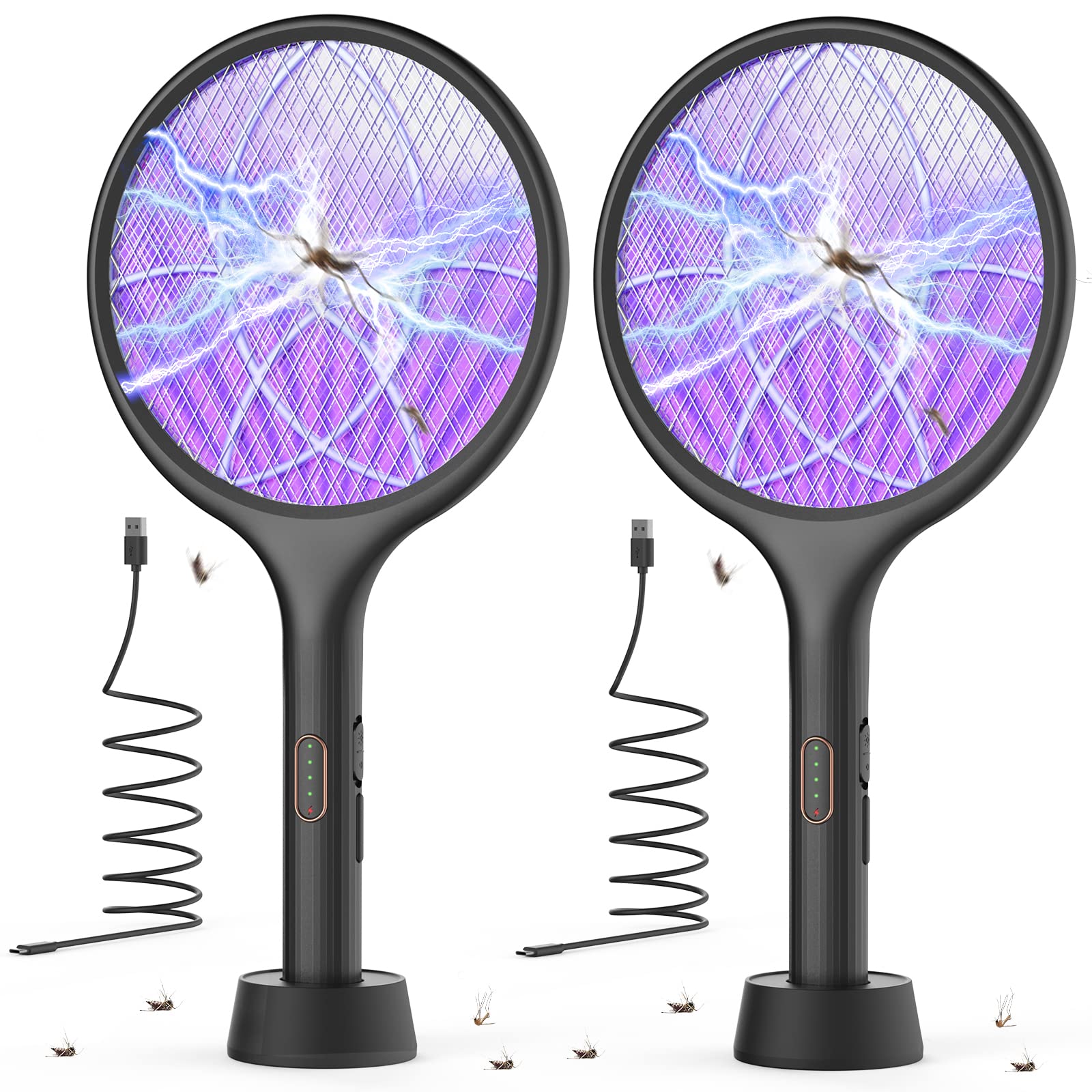 YISSVIC Electric Fly Swatter 4000V Bug Zapper Racket Dual Modes Mosquito Killer with Purple Mosquito Light Rechargeable for Indoor Home Office Backyard Patio Camping (Black)