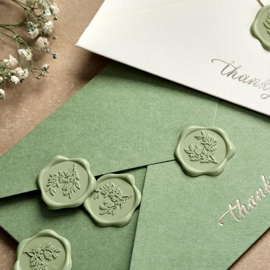 UNIQOOO Wax Seal Stickers - Eucalyptus Wedding Invitation Envelope Seal Stickers, 100 Pcs Self- Adhesive Sage Green Stickers, Perfect for Invitation, Christmas, Gift Wrapping, Party
