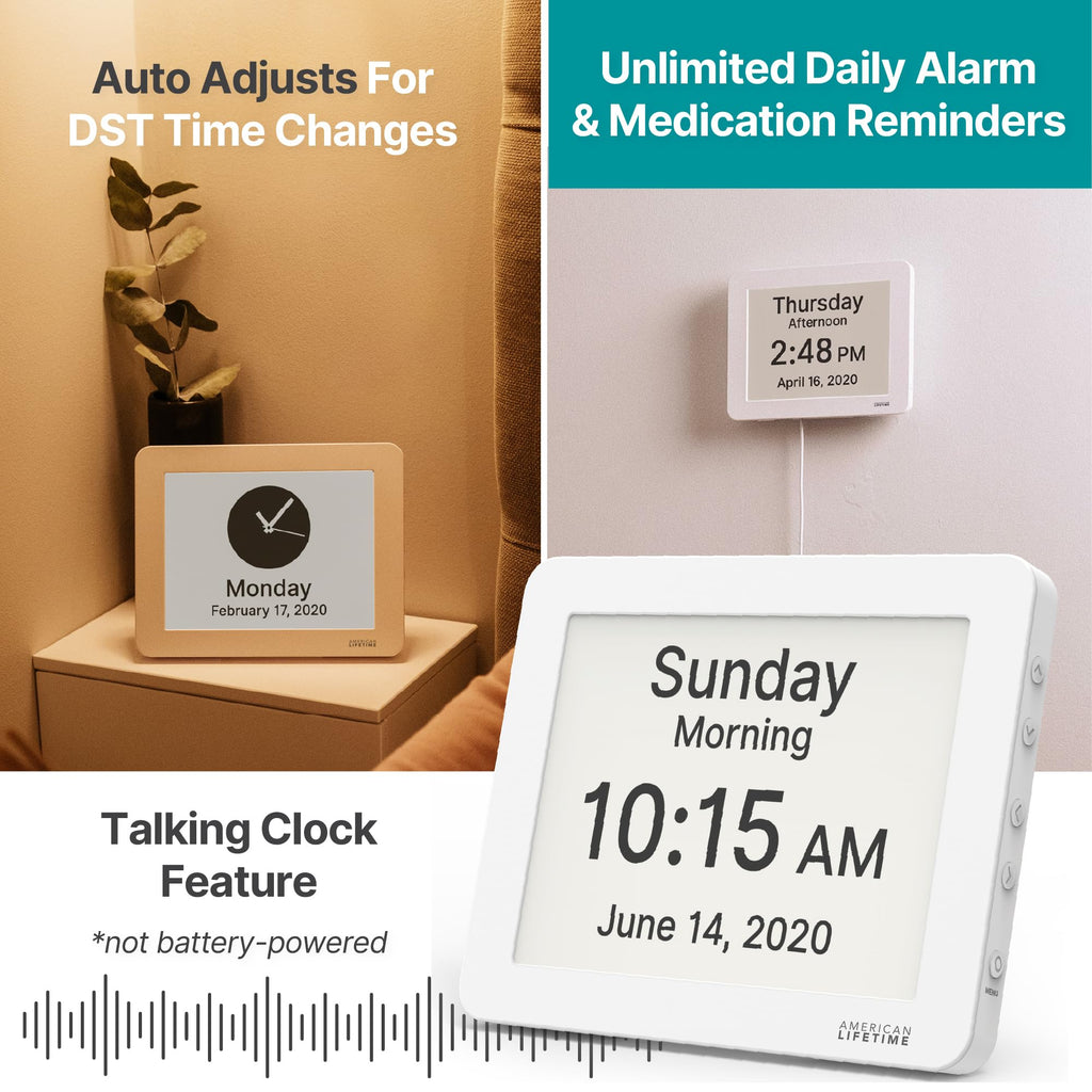 American Lifetime 【New 2024 Dementia Clock Large Digital Clock for Seniors, Digital Clock Large Display with Custom Alarms, Clock with Day & Date for Elderly, Large Number Digital Clock Premium White