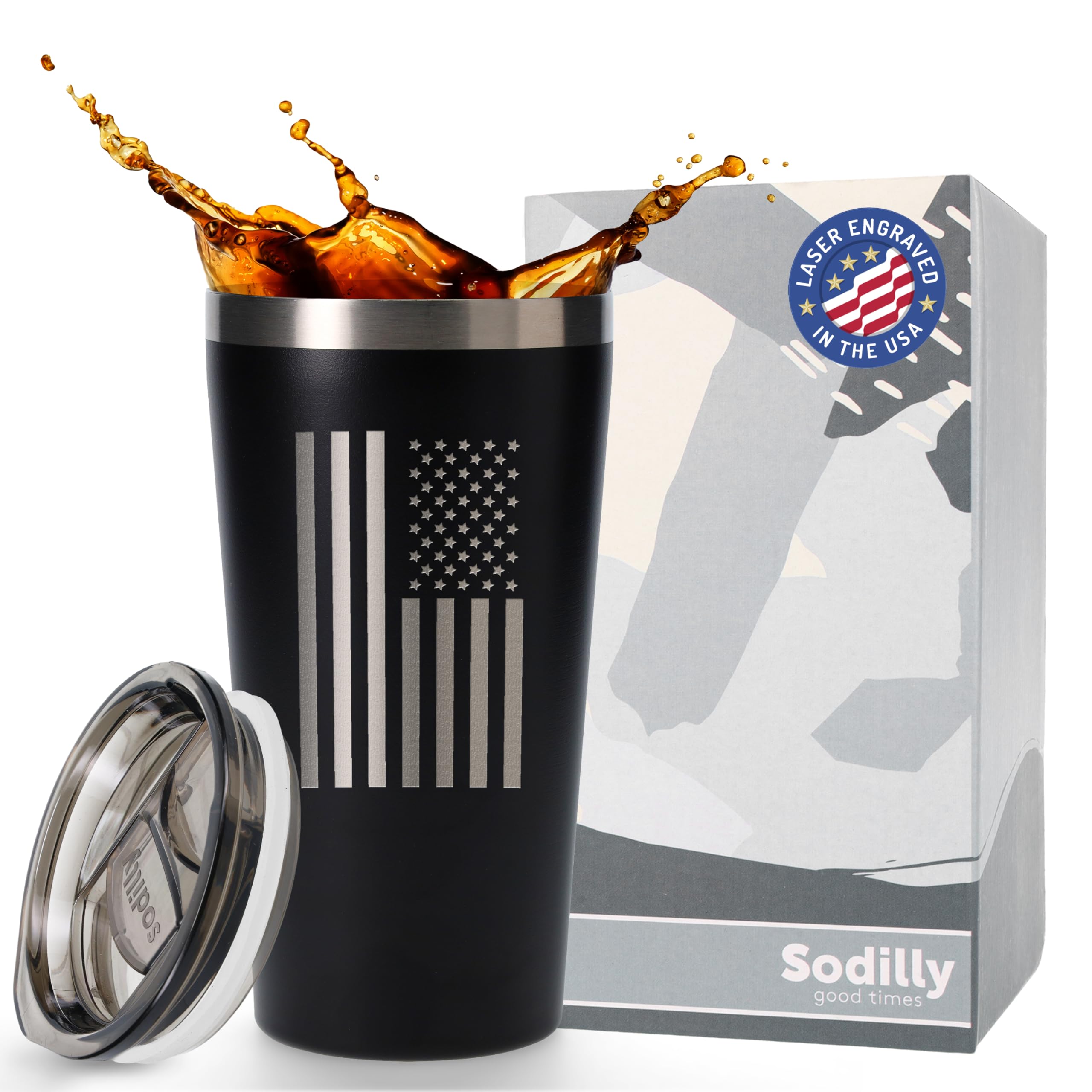American Flag, 16oz Laser Engraved, Stainless Steel Insulated Coffee Tumbler with Lid, MAGA Patriot Gifts for Men, American Pride Travel Mug, Trump Appreciation Tumblers for Men, Gifts for Veterans