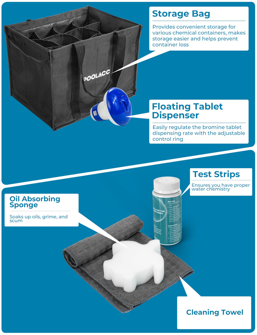 Poolacc Bromine Hot Tub Starter Kit: Includes Extra-Capacity Chemicals, 50 Test Strips, Dispenser & Accessories | All-in-One Spa Maintenance Set