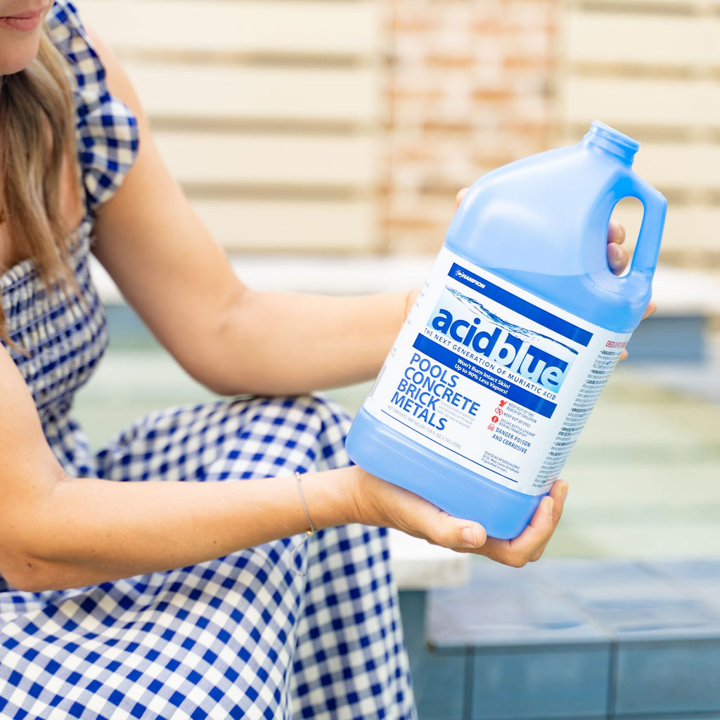 CPDI Champion 4-Pack Acidblue Muriatic Acid for Swimming Pools & Spas, 1 Gallon Each - Low-Fume pH Stabilizer & Cleaner for Concrete & Masonry Surfaces, Clears Rust & Scale Build-Up