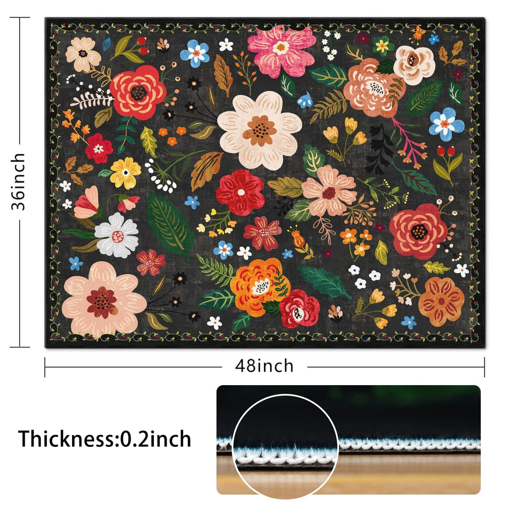 Office Chair Mat for Hardwood & Tile Floor,Boho Floral 36"x48" Office Computer Chair Mat for Rolling Chairs,Under Desk Non Slip Gaming Rug,Rubber Backing Large Low-Pile Carpet Protector Mat(Black)