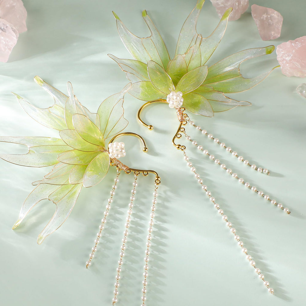 FRESHME Mermaid Elf Ear Cuffs - Fairy Ears Elven Mermaid Green Auricular Fins Earring with Tassel Non Piercing Ear Clips Dress Up Cosplay Renaissance Christmas Halloween Accessories for Women Adult