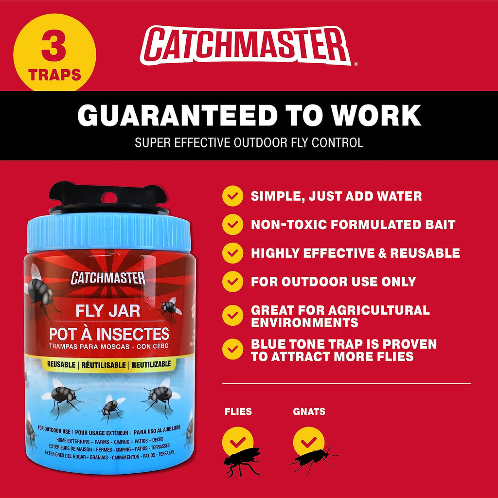 Catchmaster Reusable Fly Traps Outdoor Jar 3-Pack, Bug Catcher and Flying Insect Trap with Natural Attractant for Pest Control, Pet Safe, Non Toxic Bulk Fly Bait Traps