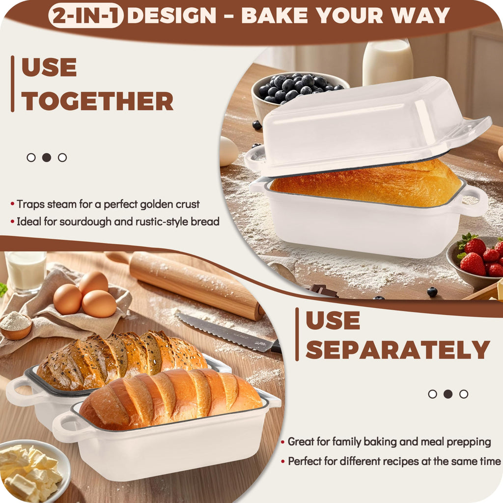 Articasting Cast Iron Bread Loaf Pan with Lid, Loaf Pans for Baking Bread 9x5, Enameled Bread Pans for Homemade Bread, Sourdough, Set of 2 (Cream White)