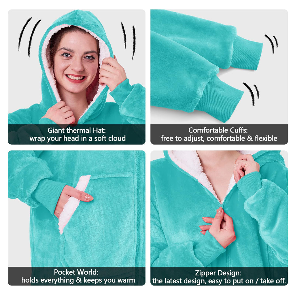 JOYWOO Turquoise Teal Wearable Blanket Hoodie, Birthday Gifts for Trendy Girls Girlfriend Stuff, Oversized Hooded Blanket for Adult Women, Cozy Sherpa Sweatshirt Blanket with Giant Pocket and Zipper