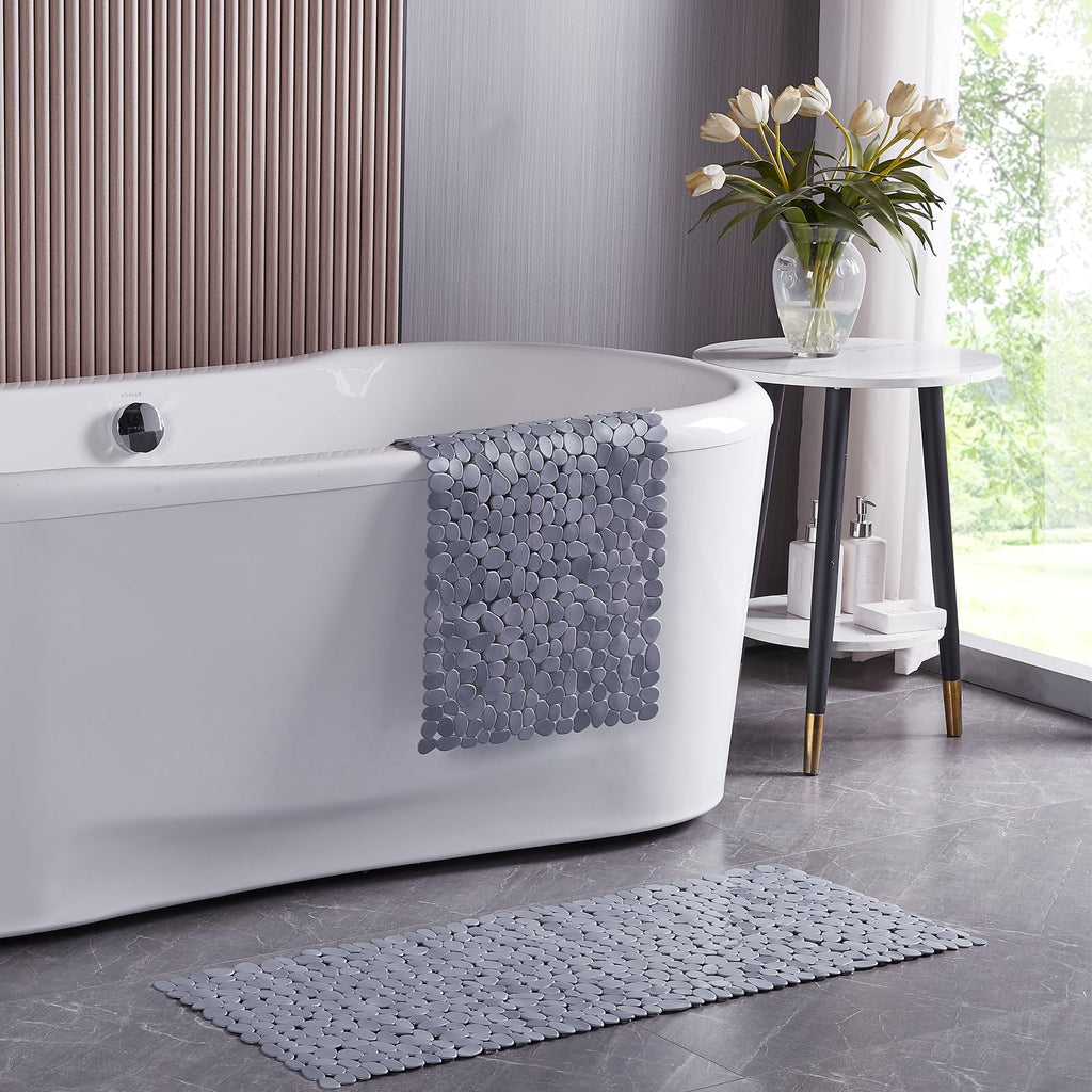 Webos Bath Shower Mat Non Slip: Extra Large Pebble Bathtub mat for Kids, Elderly, Anti Slip Shower Matt with Drain Holes Suction Cups Tub Mat - 16 X 40 Inch Grey