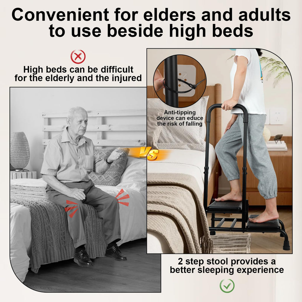 2 Step Stool with Handle for Elderly, Heavy Duty Step Stool with Handle, 4 Fixing Buckle and Adjustable Handrail, Bed Steps with a Hook for Adults Seniors Handicap, Hold up to 400LBS