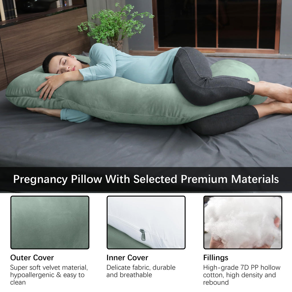 MOON PARK Pregnancy Pillows for Sleeping - U Shaped Full Body Maternity Pillow with Removable Cover - Support for Back, Legs, Belly, Hips - 57 Inch Pregnancy Pillow for Women - Green
