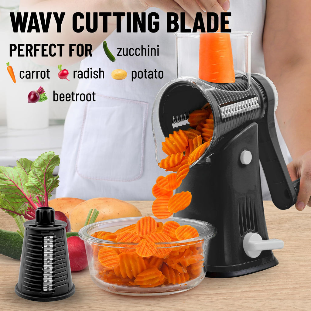Zulay Rotary Cheese Grater 5 Blade Cheese Shredder - Manual Hand Crank Cheese Grater With Reinforced Suction & 5 Interchangeable Drums - Easy to Use, Vegetable Chopper Round Mandoline Slicer - Black