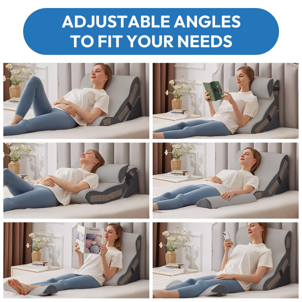 Ahpmeoa 3PCS Orthopedic Bed Wedge Pillow Set for Sleeping, Sitting up in Bed, 6-in-1 Foam Wedge Pillow for Acid Reflux & Back Pain Relief & Leg Elevation, Post Surgery Pillows for GERD & Snoring, Grey