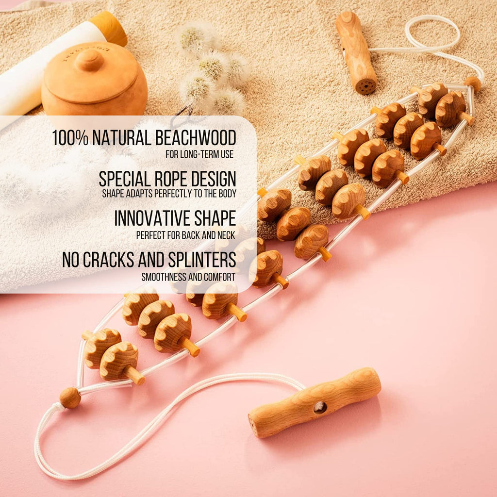 Mr.Woodware Wood Therapy Massage Tools - 2 Pcs Wooden Lymphatic Drainage Curved Roller Stick & Back Massager with Rope Massage Kit - Wood Massage Tools for Body Shaping, Sculpting, Maderoterapia