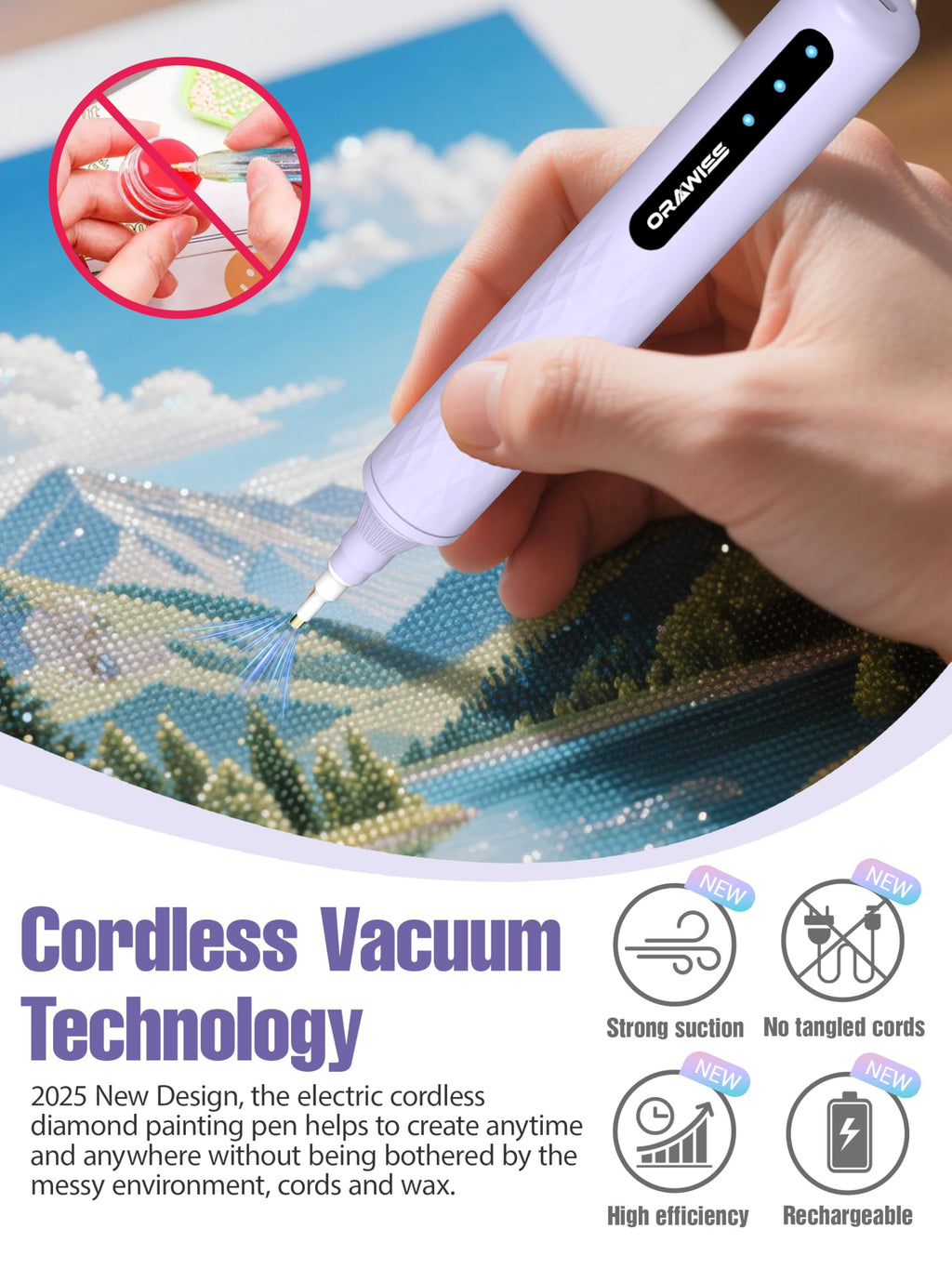 Electric Diamond Painting Pen, Vacuum Diamond Art Pen no Wax Needed | Cordless & Quiet | Rechargeable Battery | Lightweight | Diamond Art Accessories for Adults | Gift for Gem Dimond Art Fans - purple