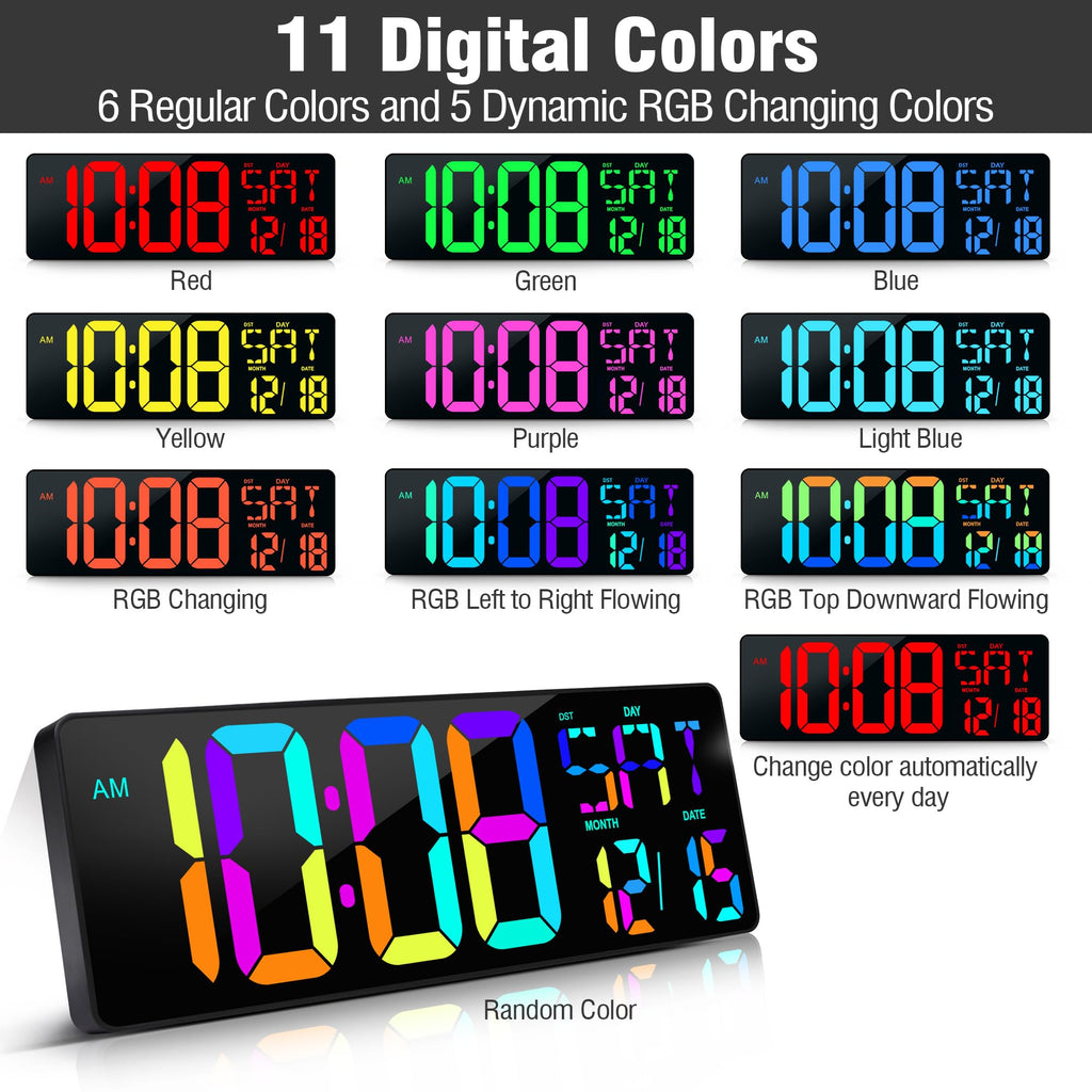 TXL Large 16.5" LED Digital Wall Clock, RGB Color Changing, Count Up/Down Timer Clock with Remote Control, Adjustable Brightness Alarm Clock for Home, Office, Gym, Elderly, Auto DST