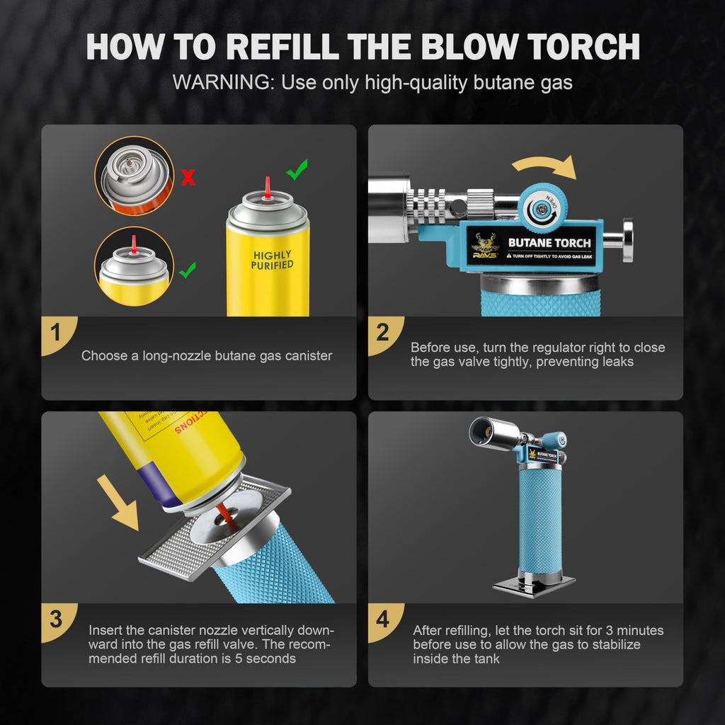 RAVS Butane Torch Lighter, Refillable Kitchen Torch with Safety Lock and Adjustable Flame, Creme Brulee Torch for Baking, BBQ, Blue Blow Torch for Cooking, Mens Gifts, Butane Gas Not Included