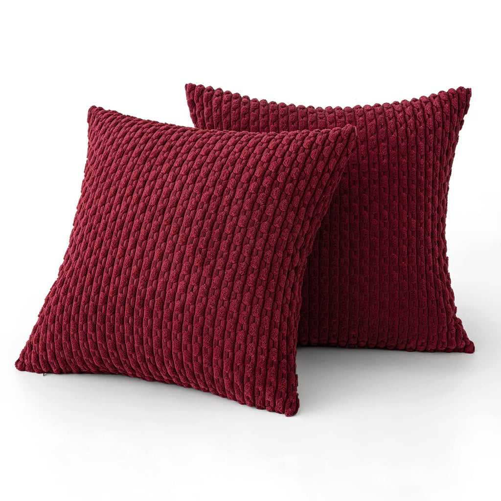 MIULEE Throw Pillow Covers Soft Corduroy Decorative Set of 2 Boho Striped Pillow Covers Pillowcases Farmhouse Home Decor for Christmas Couch Bed Sofa Living Room 18x18 Inch Wine Red
