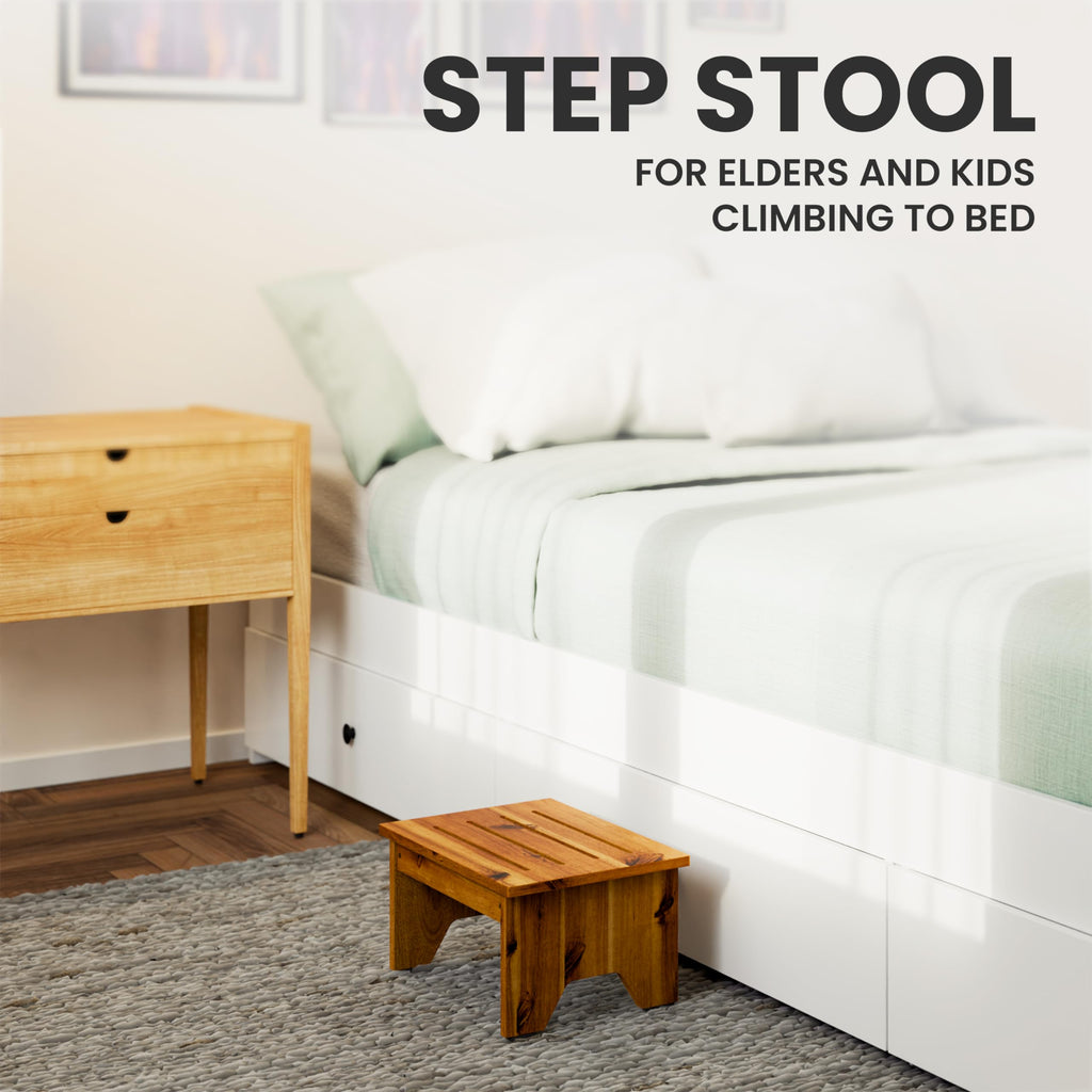 Holana 9" One Step Stool for Adults - Wooden Step Stools for High Beds - 200 lbs Safety Stepping Stool Bathroom Aid for Handicap, Elderly, Seniors, Kid, Bathtub, Bed, Kitchen (Acacia Wood 9" Height)