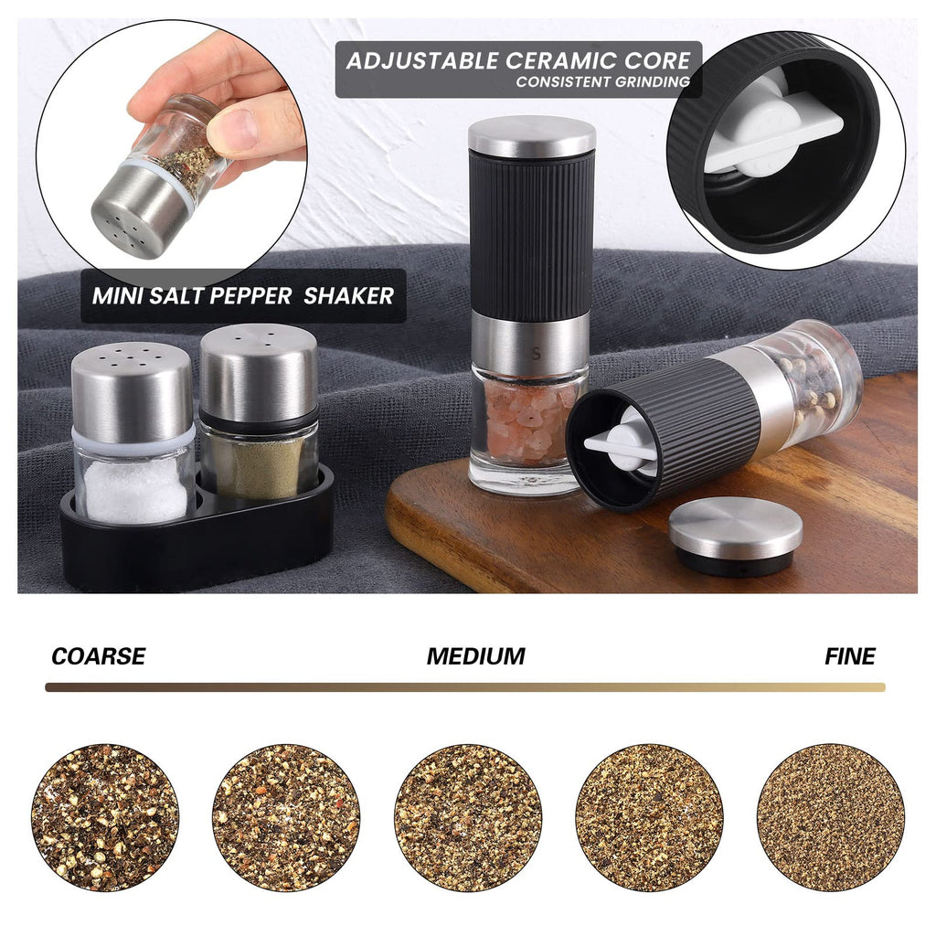 Mini Salt and Pepper Grinder set with 2 Small Salt and Pepper Shakers Portable Cute Tiny Spice Grinder Pepper Mill Salt Grinder for Travel, Work, Camping, Party, School, Lunch Box