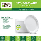 100% Compostable 9 Inch Heavy-Duty [125-Pack] Eco-Friendly Disposable White Bagasse Plate, Made of Natural Sugarcane Fibers - 9" Biodegradable Paper Plates by Stack Man