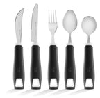 Special Supplies Adaptive Utensils 5-Piece Set Non-Weighted, Non-Slip Handles for Hand Tremors, Arthritis, Parkinson’s or Elderly Use - Stainless Steel Knife, Rocker Knife, Fork, Spoons (Black)