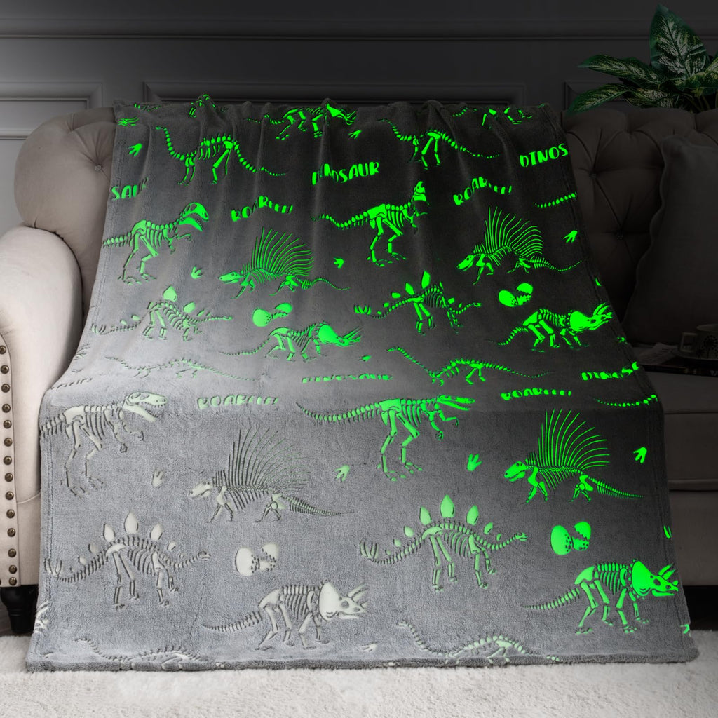 Dinosaur Gifts Toys for Kids Boys - Glow in The Dark Dino Blanket Toddler Teen Girls Birthday Christmas Valentines Presents for Age 2 3 4 5 6 7 8 9 10 Years Old Children Adults Throw Gray 50"x60"