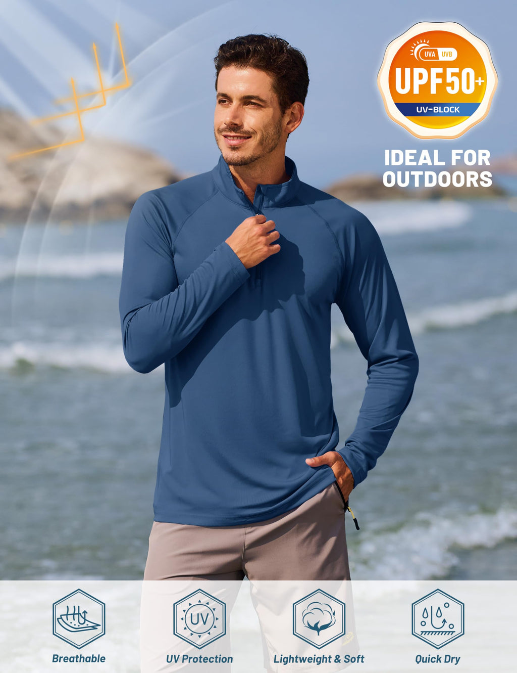 Sun Protection Shirts for Men Long Sleeve 1/4 Zip Outdoor Athletic Performance Workout Shirt for Men Quick Dry Fit Sports Shirts Blue Grey M