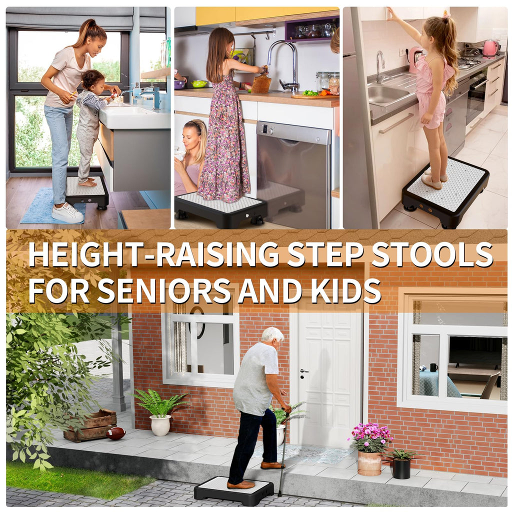 Ronlap One Step Stools for Adults, Portable Safety Step Platform for Seniors Small Plastic Bedside Step Stool Mobility Wide Step Stools Elderly Assistance for Shower Bed Car Stair Outdoor, Black-White