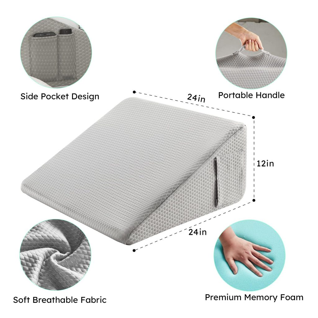 Bedluxe Wedge Pillow for Sleeping, 12 inch Elevated Support Bed Wedge Pillow, Breathable Triangle Pillow Wedge with Cooling Memory Foam Top - Removable Washable Cover, Grey