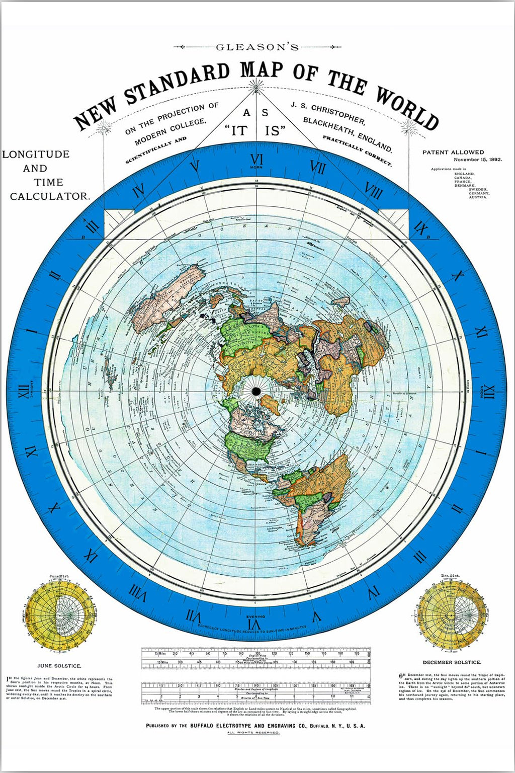 Flat Earth Map of the World - 1892 Alexander Gleason Map -24x36 inches- Wall Art Poster Print Décor Gift - Circular Plane - Longitude and Time - Polar Azimuthal Projection - Flat Earthers - Unframed Home School Gift Decor