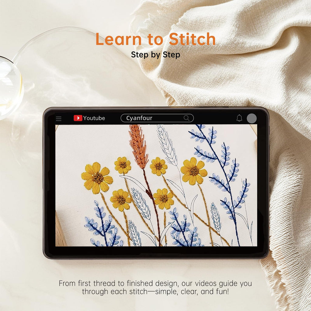 CYANFOUR 5 Pack Beginner Embroidery Kit for Adults, Easy to Learn Floral Embroidery Patterns from Video & Instruction, Needlepoint Kits for Adults Include Embroidery Hoop, Colorful Threads, Tools