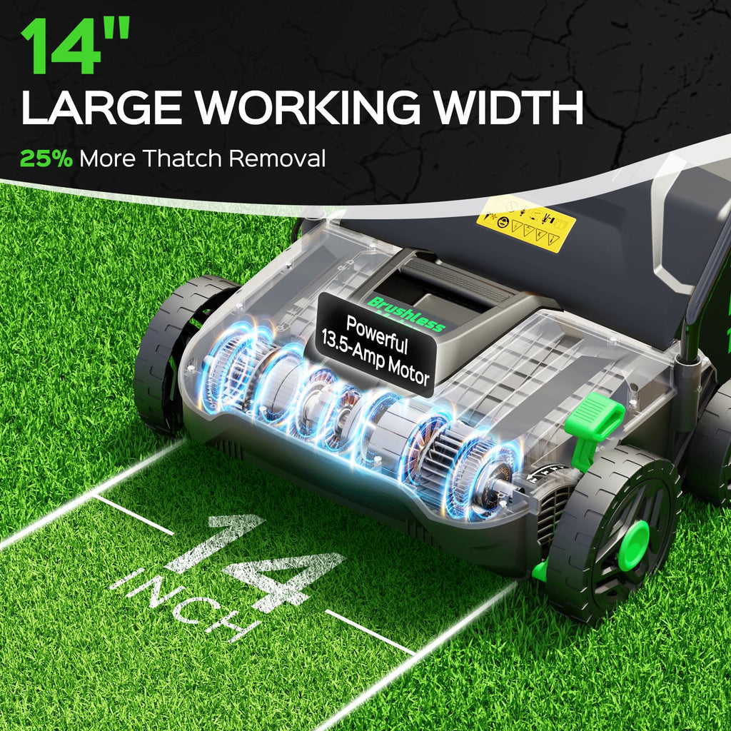 TIECTOWN 14-Inch 13.5 Amp 2-in-1 Electric Dethatcher and Scarifier with 11.5-Gallon Collection Bag, Lawn Dethatcher with 5-Position Depth Adjustment, Blade Replacement Without Tool - Green