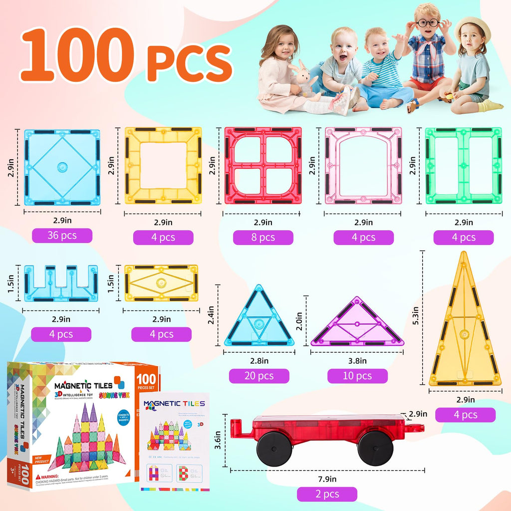 Magnetic Tiles, 100PCS Magnetic Building Blocks for Kids, Magnet 3D Montessori Kids Toy Set, Building Construction Educational STEM Toys for 3+ Year Old Boys and Girls Christmas Birthday Gifts