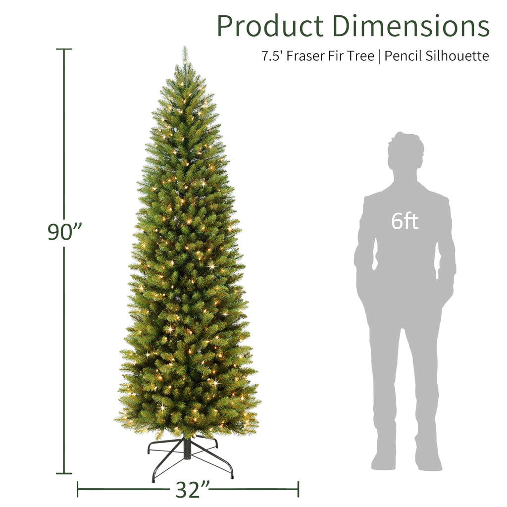 Puleo International 7.5ft Pre-Lit Slim Fraser Fir Christmas Tree with 350 Clear Lights, 1188 Realistic Dense Branch Tips, Easy Setup Artificial Trees with Sturdy Metal Stand