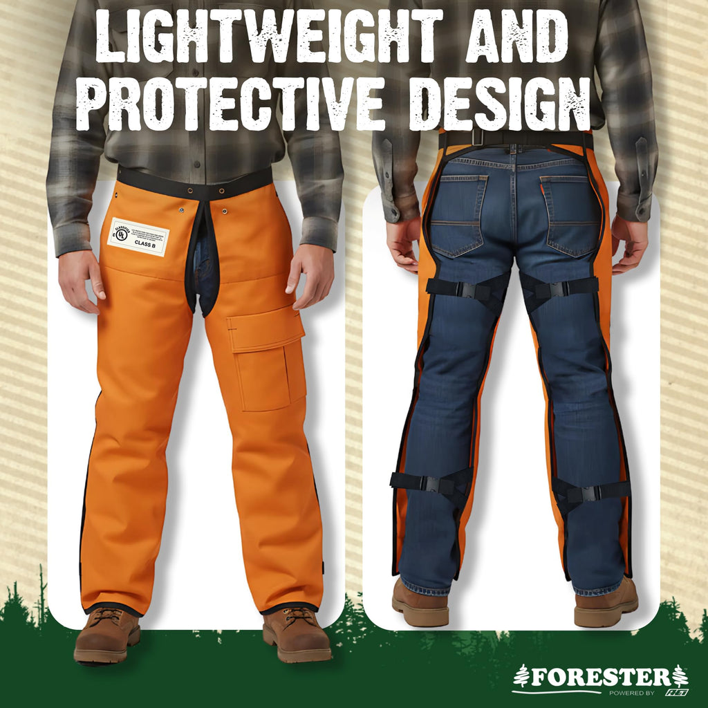 FORESTER Chainsaw Chaps for Men & Women | Apron Style Men's Chain Saw Chaps with Pocket & Adjustable Waist | Chainsaw Safety Equipment | Orange 35"