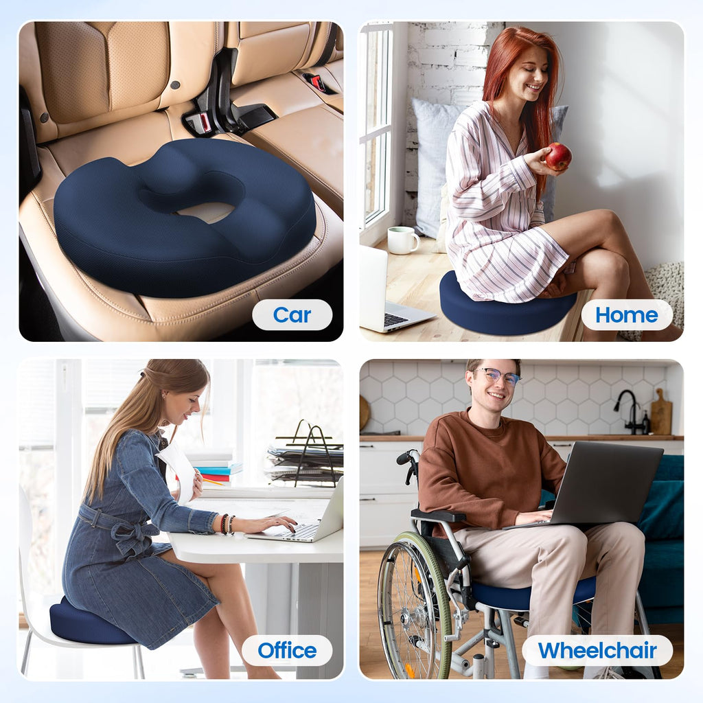 CushZone Donut Pillow Seat Cushion - Memory Foam Cooling Gel Lifting Cushion for Office & Home Chair, Car Seat, Wheelchair, Hemorrhoids Pillow, Sciatica & Tailbone Pain Relief Chair Cushion, Blue