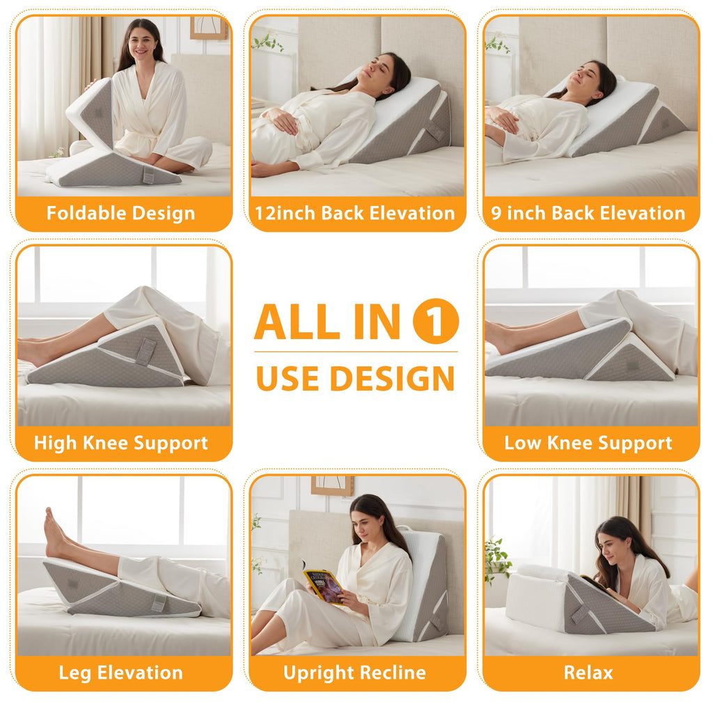 Ruqmuis Bed Wedge Pillow for Sleeping, 9&12 Inch Adjustable Wedge Pillow Set for After Surgery, Triangle Pillow for Back Pain Relief, Leg Support, Acid Reflux, Gerd, White/Grey