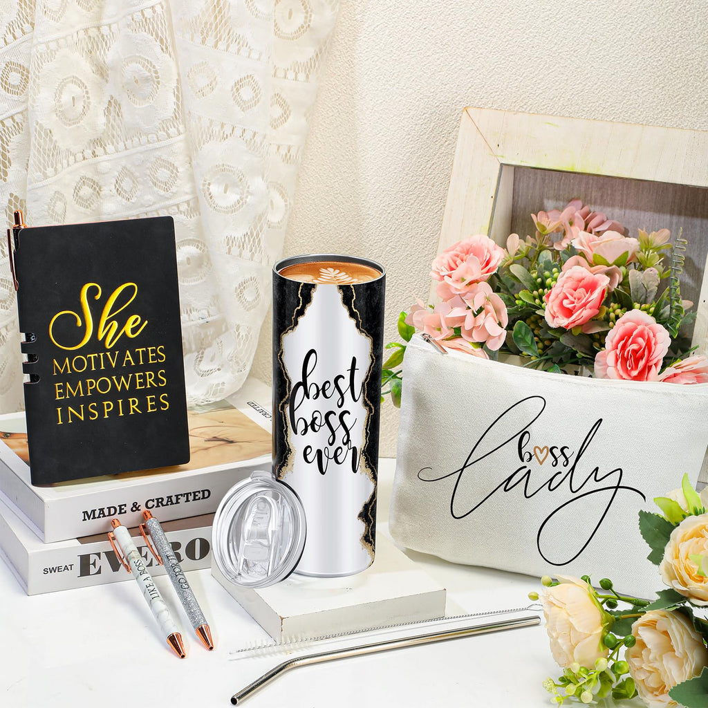 Domensi Best Boss Gift Set Thank You Gift for Women Lady Appreciation Day Gift 20oz Rustic Marble Sign Tumbler Makeup Bag A6 Notepad with Ballpoints Boss Day Gift Office Leader Christmas Gift(Black)