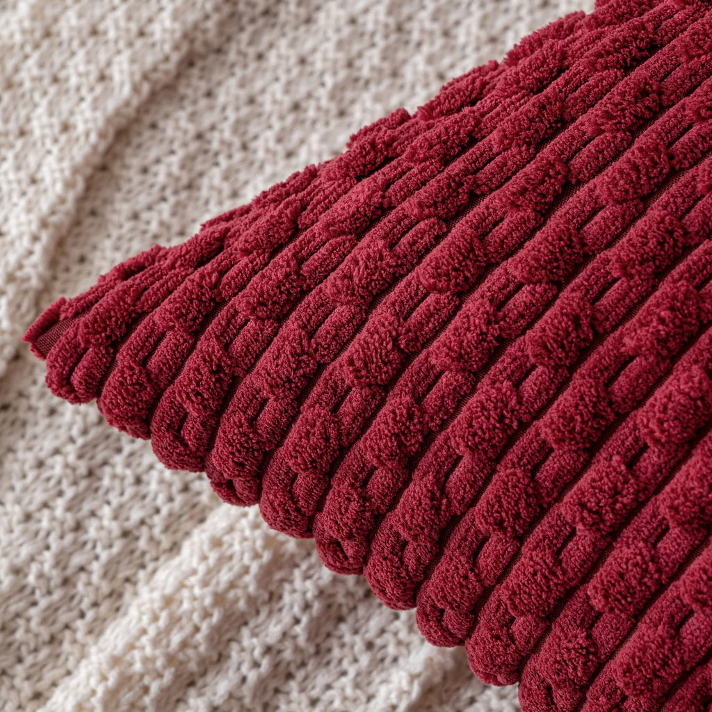 MIULEE Throw Pillow Covers Soft Corduroy Decorative Set of 2 Boho Striped Pillow Covers Pillowcases Farmhouse Home Decor for Christmas Couch Bed Sofa Living Room 18x18 Inch Wine Red