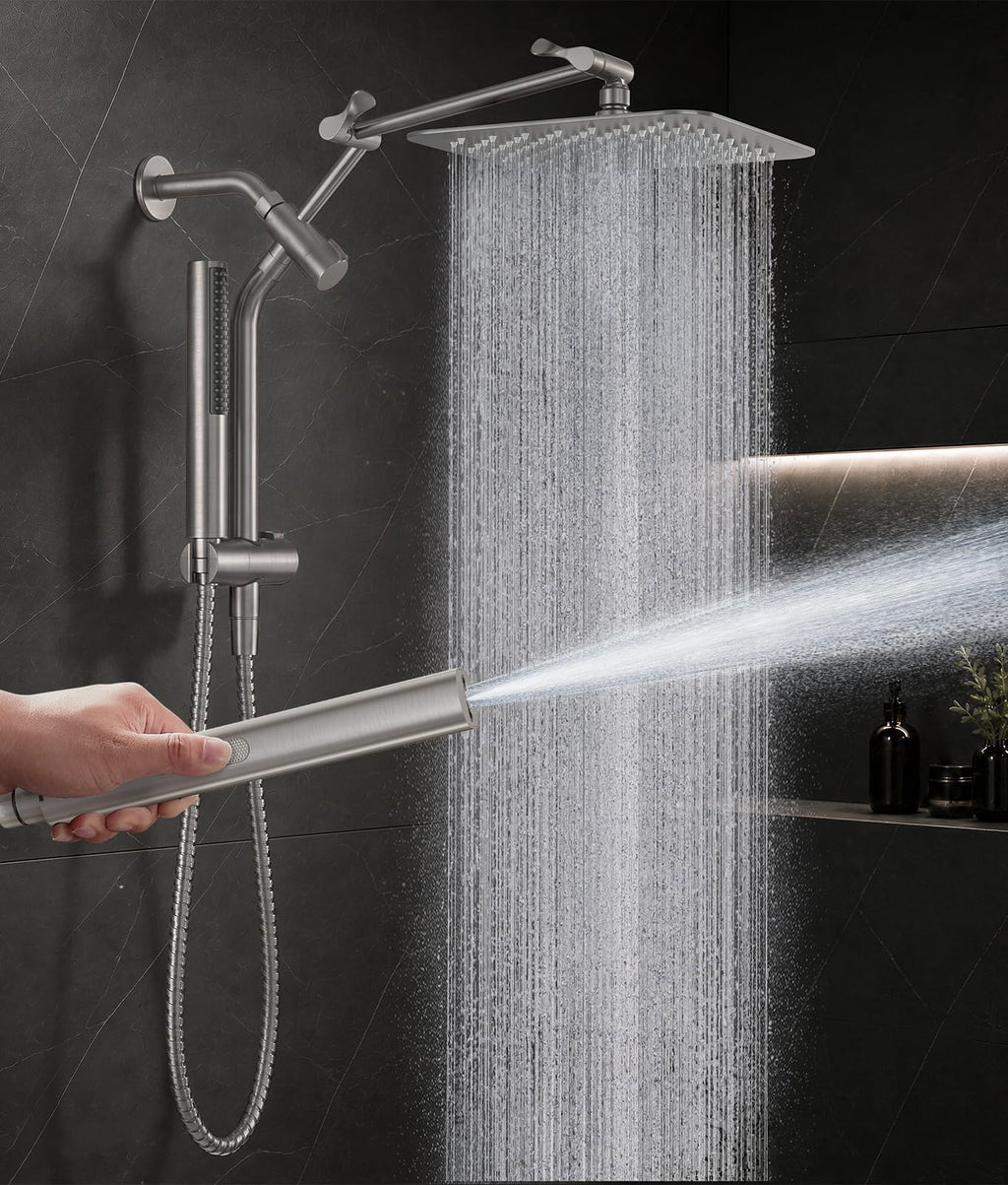 Veken All Metal 10" Brushed Nickel Shower Head with Handheld, Luxurious Square Double Rain Shower Heads with Power-wash Hand Held, Dual High Pressure Detachable Rainfall Showerhead,Bathroom Upgrade