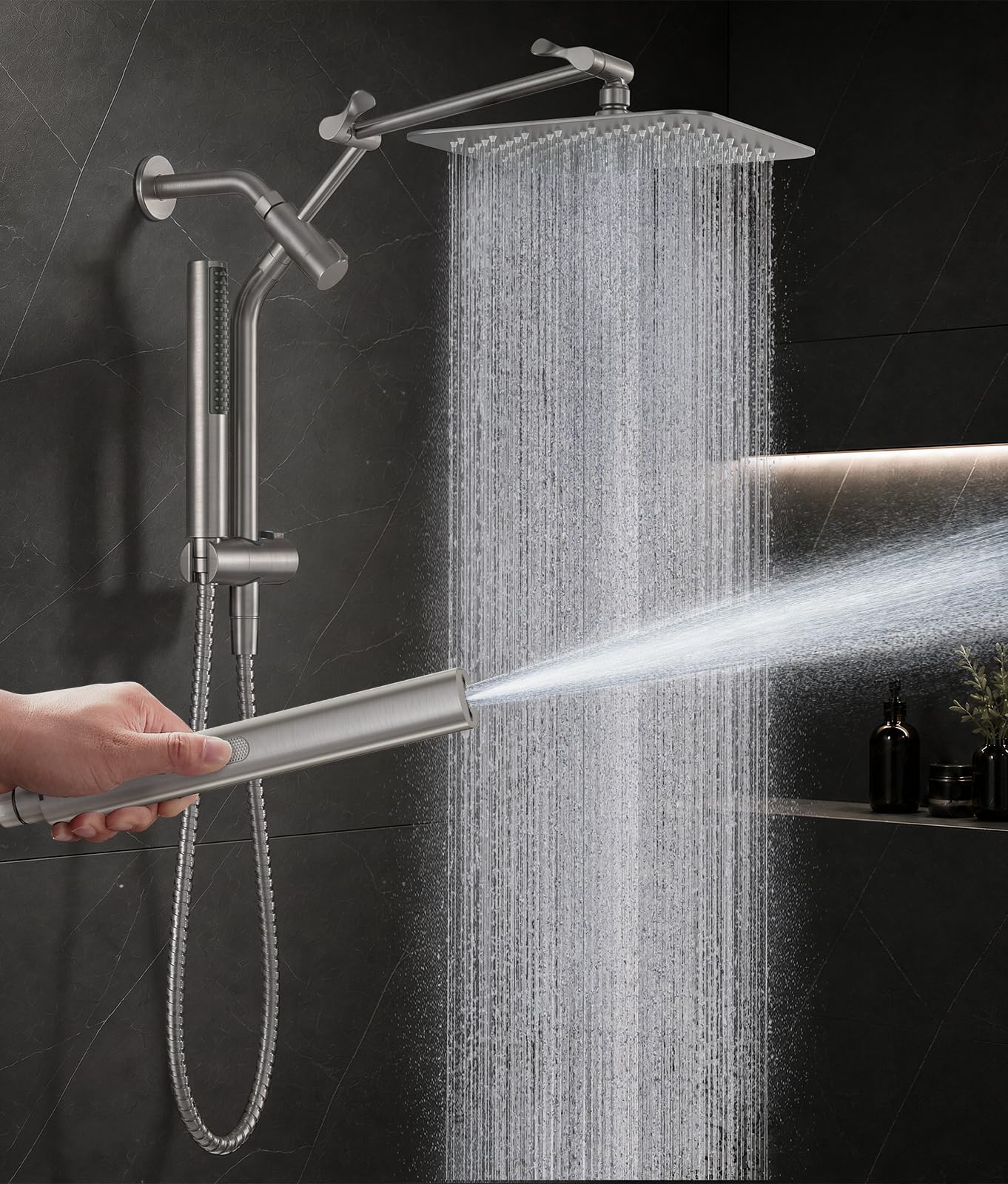 Veken All Metal 10" Brushed Nickel Shower Head with Handheld, Luxurious Square Double Rain Shower Heads with Power-wash Hand Held, Dual High Pressure Detachable Rainfall Showerhead,Bathroom Upgrade