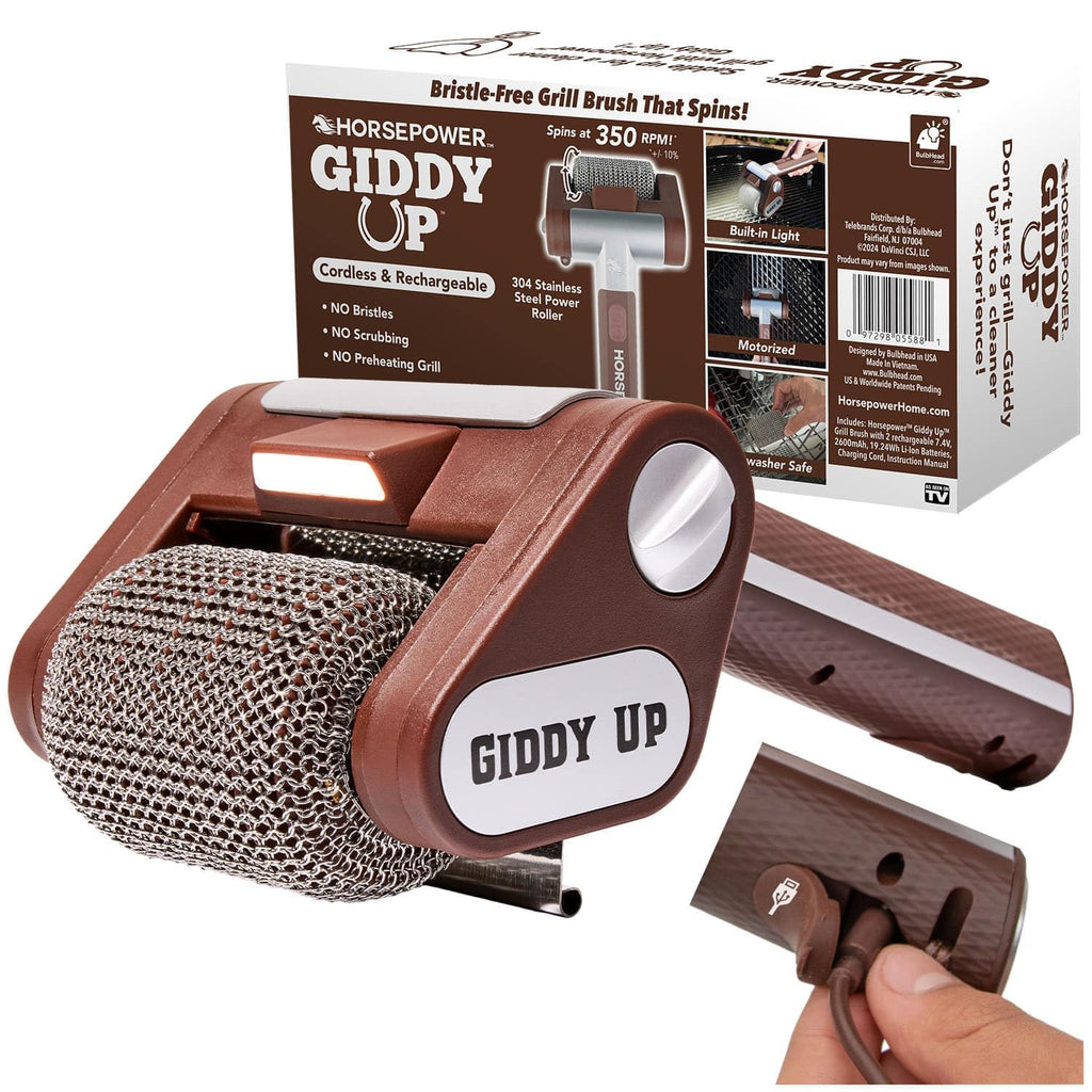 HorsePower Giddy Up Grill Cleaner AS SEEN ON TV! – Cordless, Rechargeable BBQ Tool with 350 RPM Stainless Roller, LED Light – Patents Pending – From BulbHead, a Family-Owned American Brand