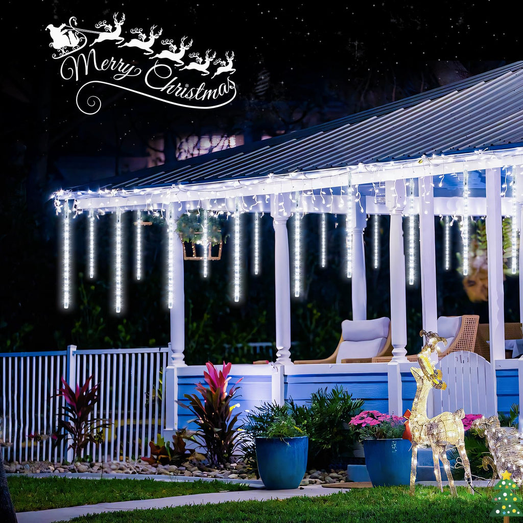 JMEXSUSS 2 Pack Solar Christmas Meteor Shower Lights, 16 Tube 288 LED White Solar Christmas String Lights Outdoor Waterproof for Tree Patio Garden Wedding Party Decorations
