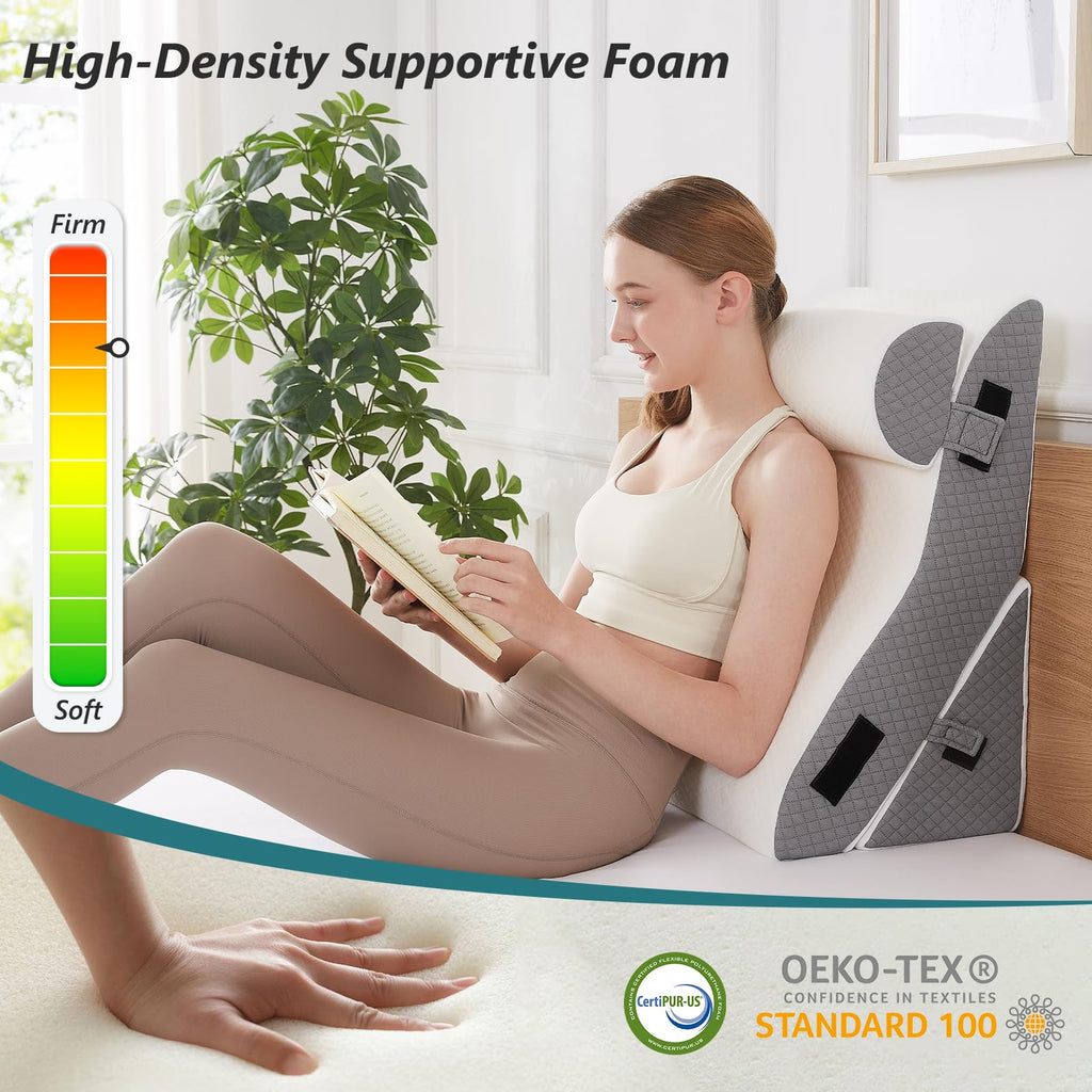 Longering 3 PCS Upgraded Bed Wedge Pillow for Sleeping - 35D Post Surgery Pillow for Back Leg Pain Relief - 22" Wide Adjustable Triangle Wedge Pillow Set for Acid Reflux & GERD & Snoring(white grey)