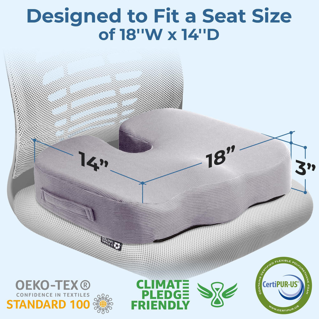 5 STARS UNITED Seat Cushion for Tailbone Pain Relief – Memory Foam Lifting Pillow for Coccyx, Hip, Hemorrhoid, Sciatica & Post-Surgery Recovery – Wheelchair, Car, Desk, Gaming & Office Chairs, L Gray