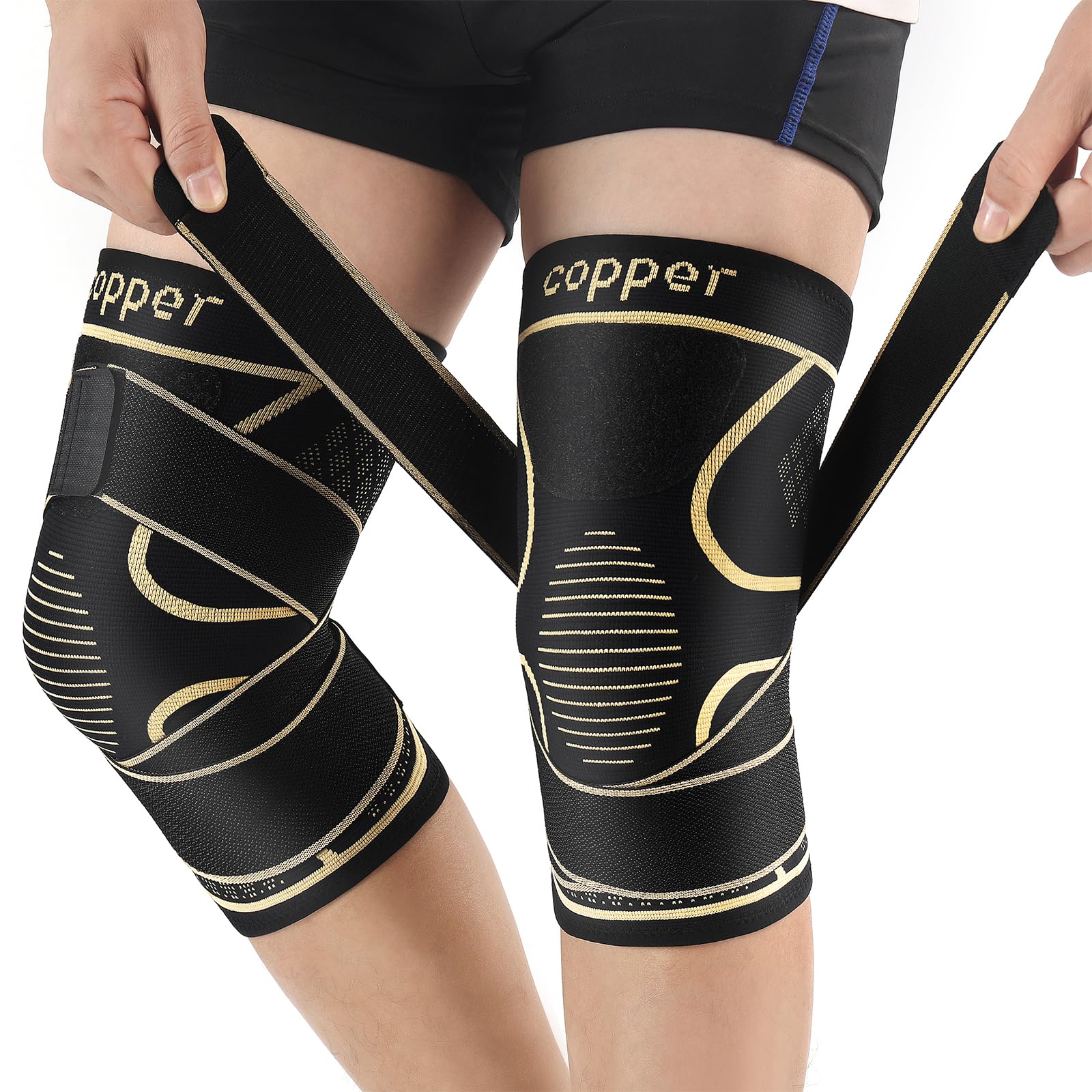 Copper Knee Braces with Strap for Knee Pain Women and Men(2 Pack), Knee Compression Sleeve for Arthritis, ACL, Meniscus Tear, Joint Pain Relief, Knee Support for Working, Running, Weightlifting(2XL)