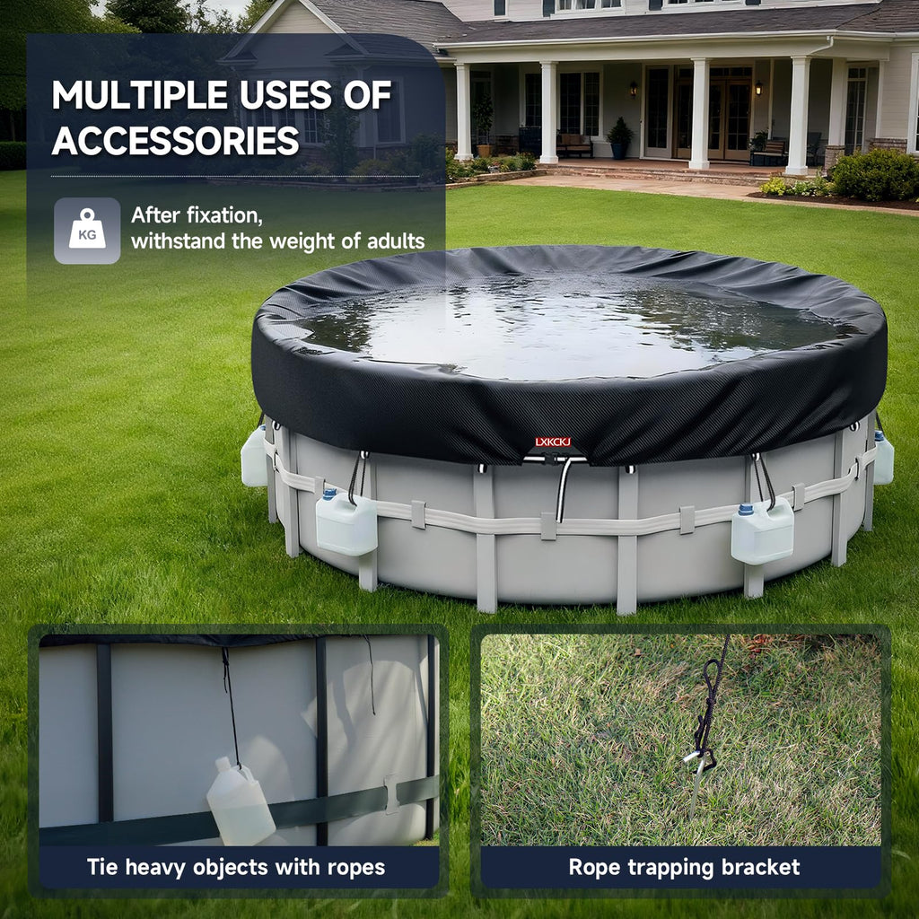 LXKCKJ 8 Ft Round Pool Cover, Solar Pool Covers for Above Ground Pools, Stock Tank Pool Covers Protector with Accessories, Round Hot Tub Cover Ideal for Waterproof and Dustproof (Black)