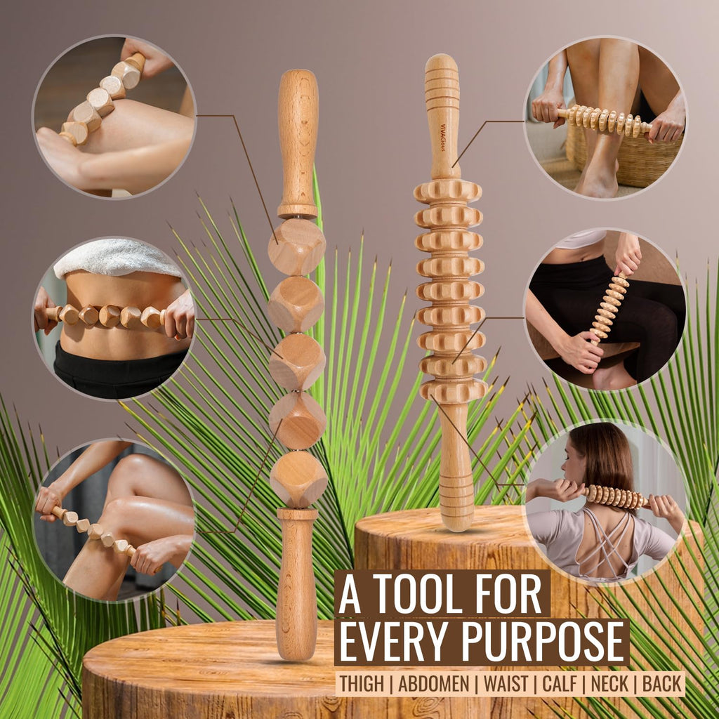 5-in-1 Wood Therapy Massage Tools Kit - Lymphatic Drainage Massager for Stomach, Thighs and HIPS | Maderoterapia Kit Professional for Muscle Pain Relief | Wooden Body Sculpting Tools | ViVACious