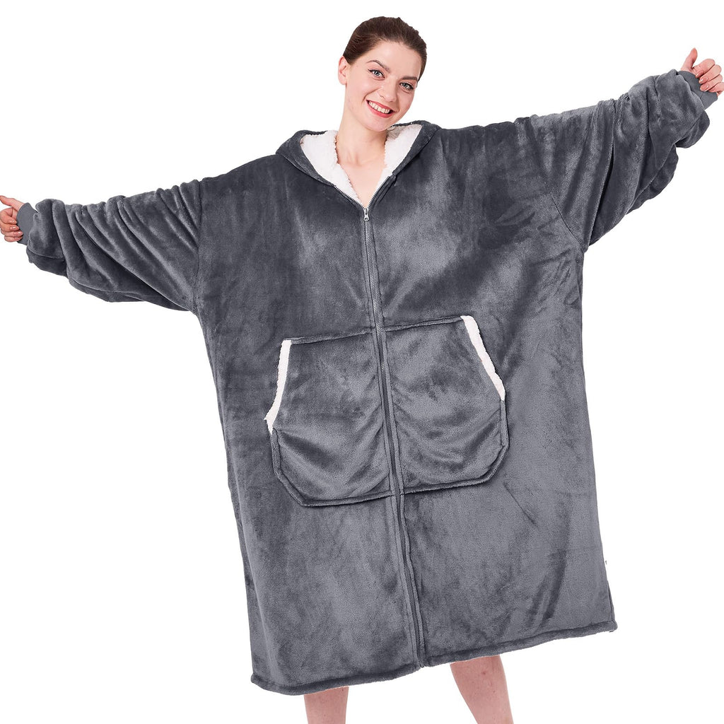 JOYWOO Oversized Wearable Blanket Hoodie, Long Hooded Blanket for Adult, Birthday Christmas Gifts for Women Men, Cozy Sherpa Sweatshirt Blanket with Giant Pocke Zipper and Winter Gifts,Grey
