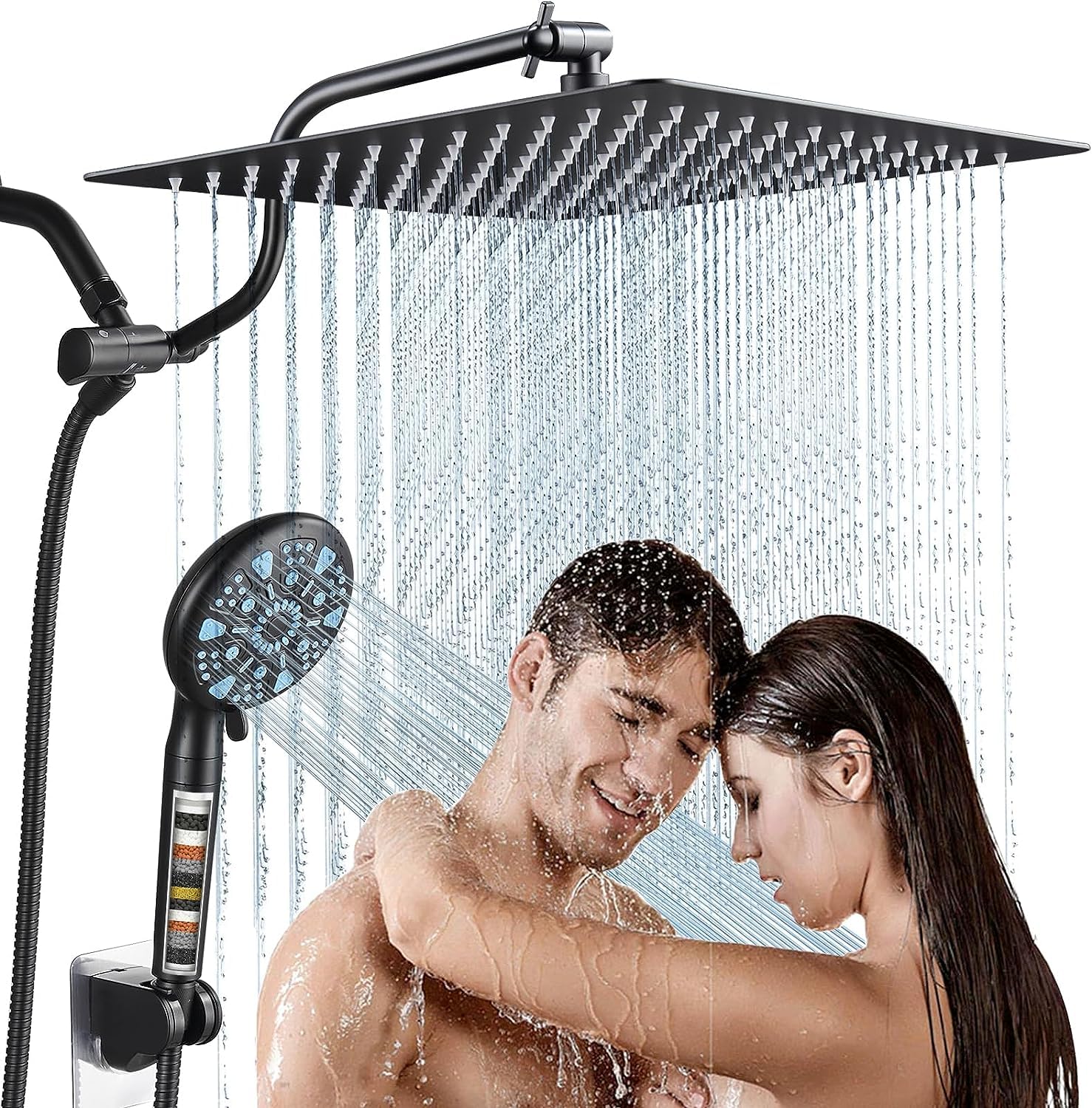 Cobbe 12 Inch All Metal 3-Way Rain Shower Head, High Pressure Shower Head, Dual Shower Heads with Handheld Spray Combo - Upgrade Extension Arm Height Adjustable - 9 Spray Filtered Shower Head, Black